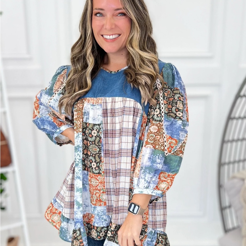 Colorful Patchwork Blouse with Denim Detail - Picture 1 of 6